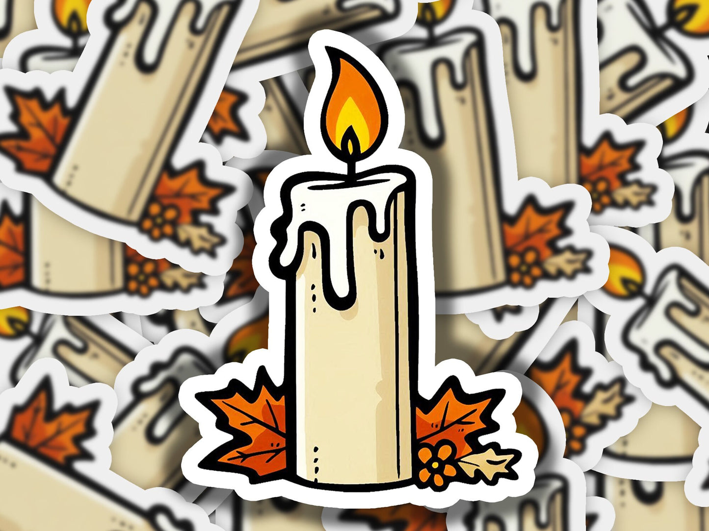 a sticker of a lit candle surrounded by fall leaves