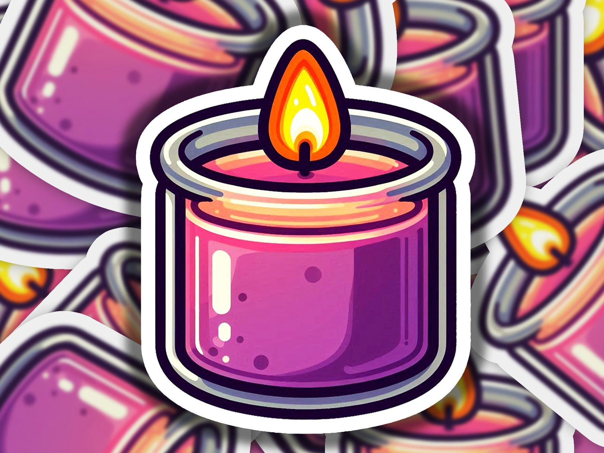 a sticker of a lit candle surrounded by cans