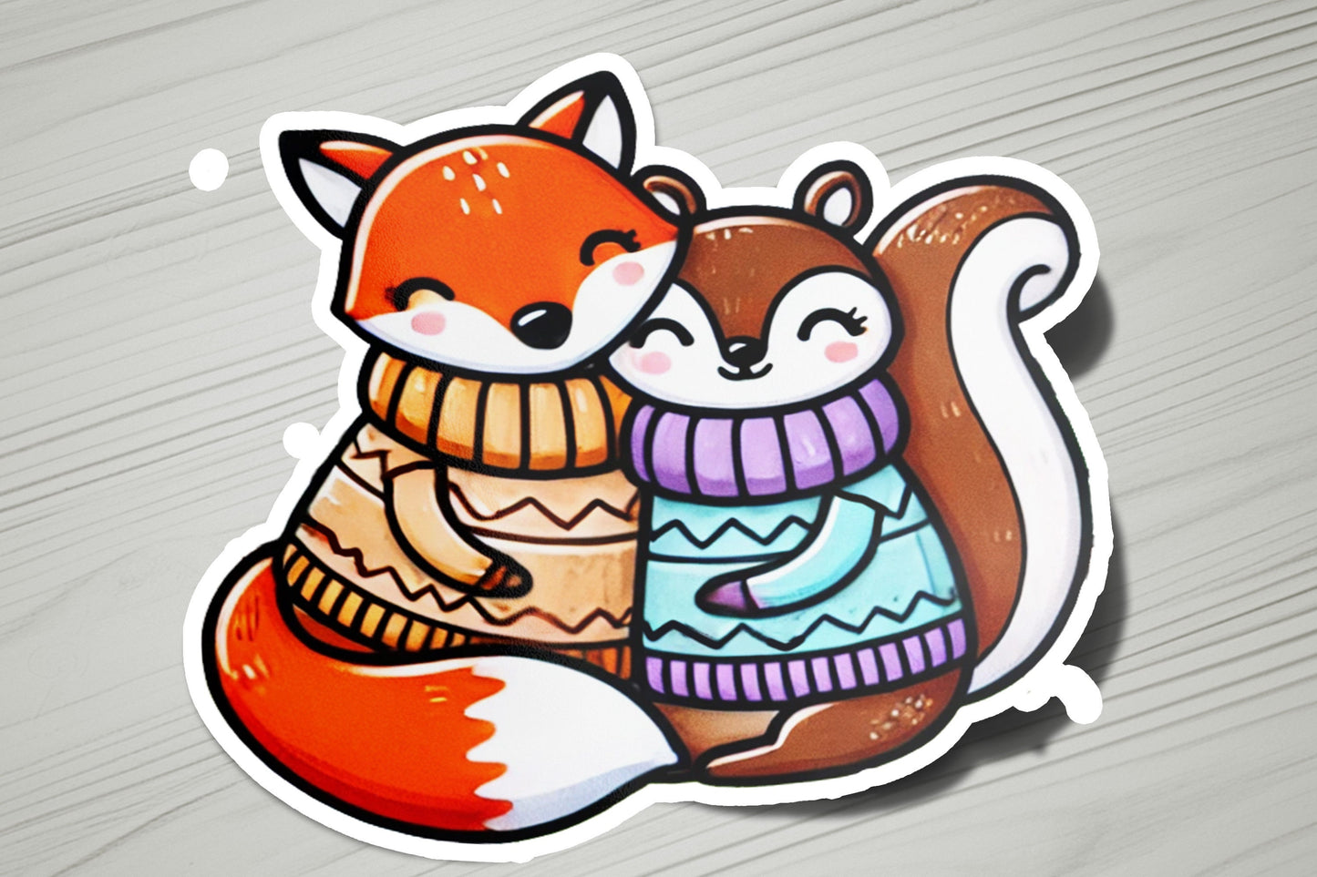 a sticker of a fox and a squirrel hugging