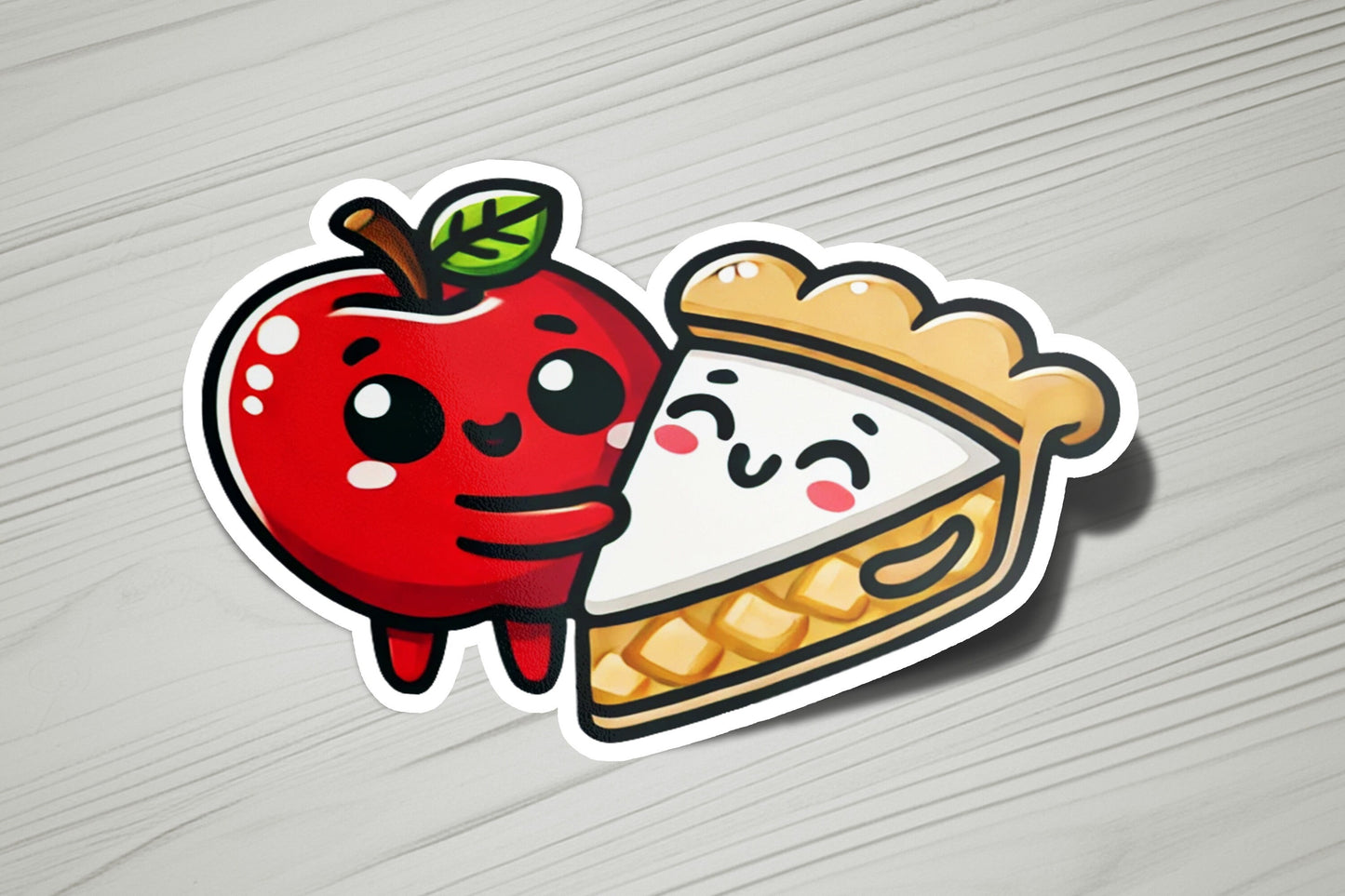 a sticker with an apple and a piece of pie