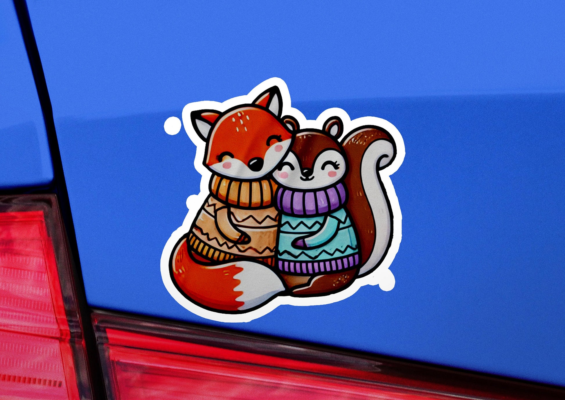 a car with a sticker of a squirrel hugging a squirrel