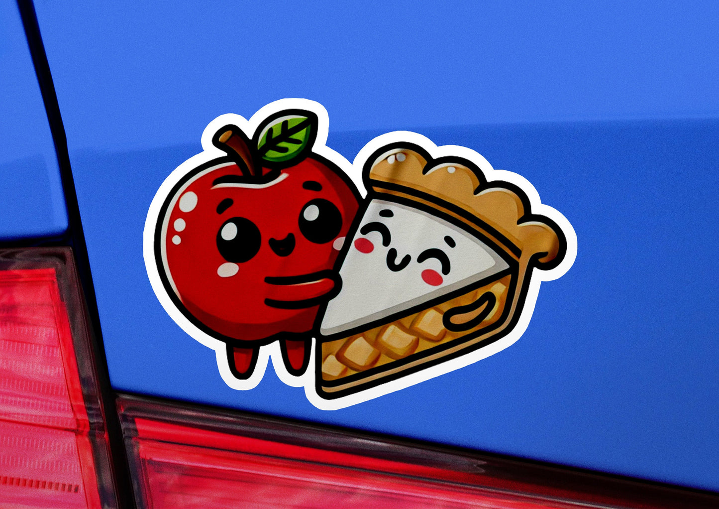 a sticker of an apple and a piece of pie