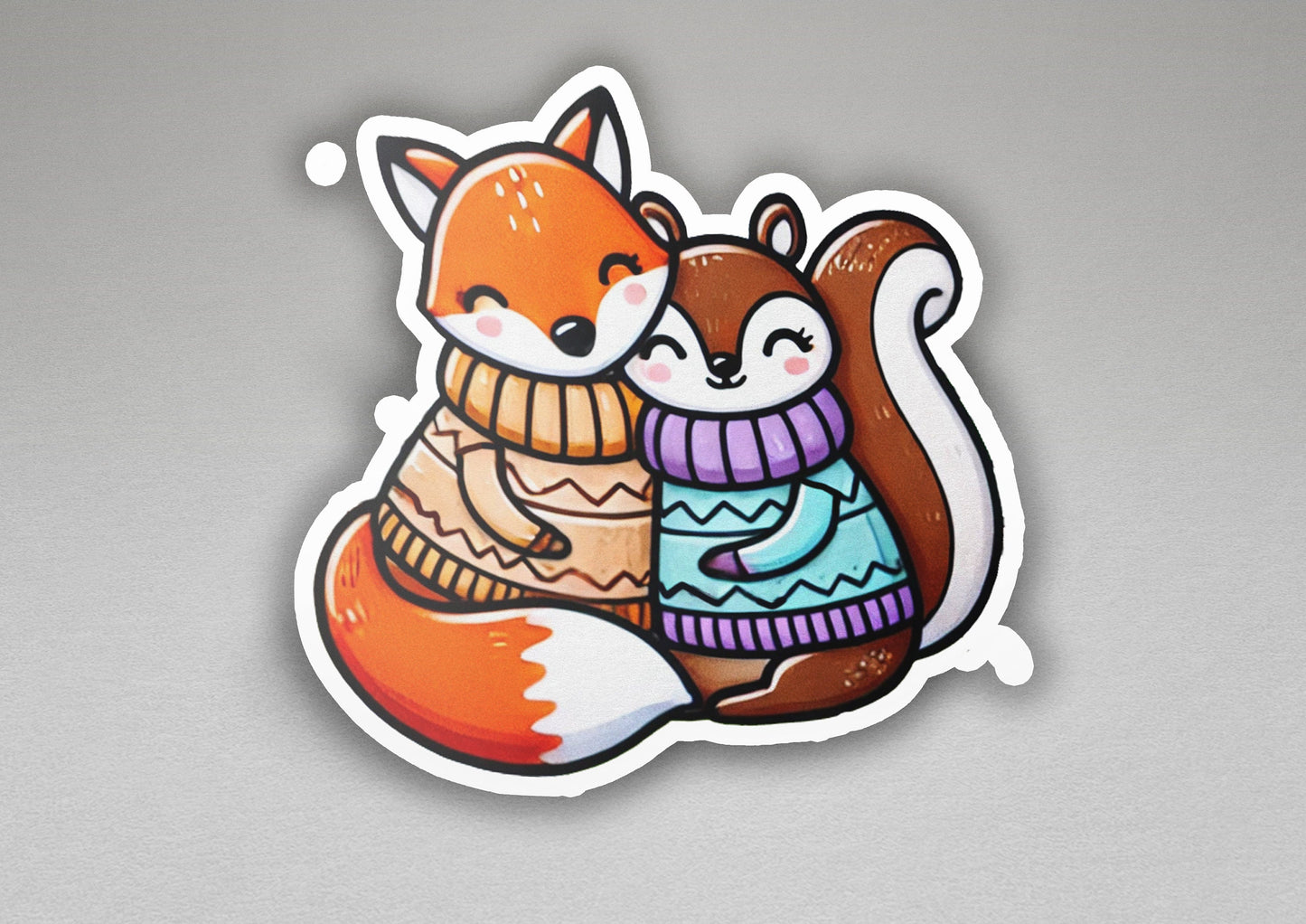 a sticker of a fox and a squirrel hugging