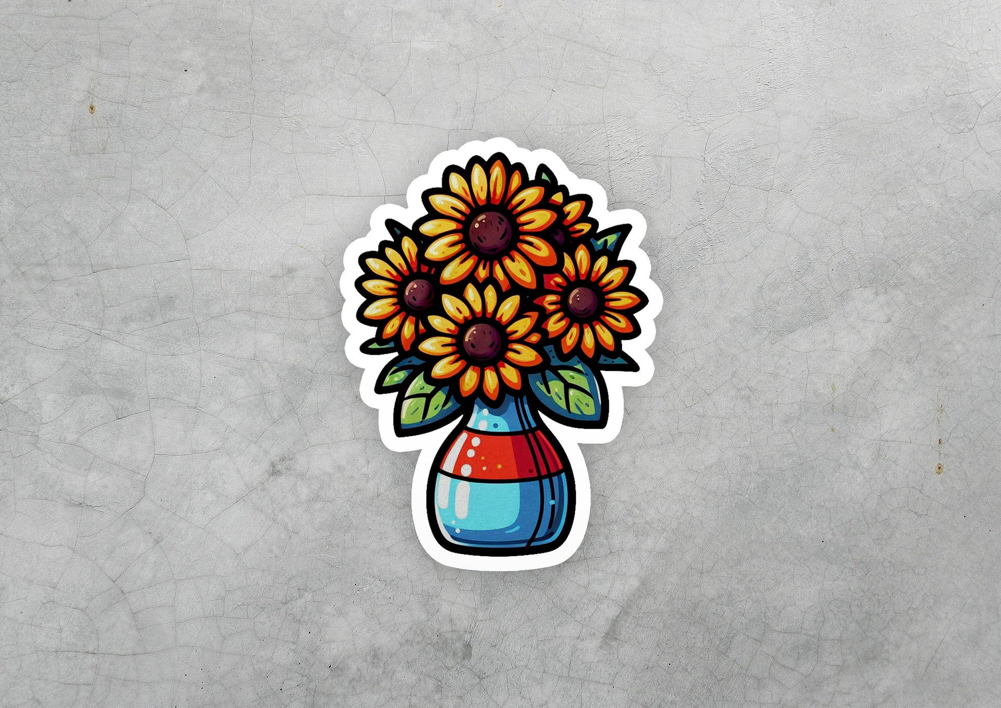 a sticker of sunflowers in a blue vase