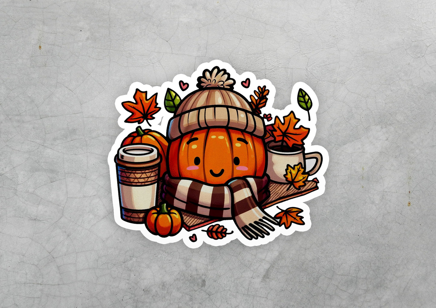 a sticker of a pumpkin with a hat and scarf