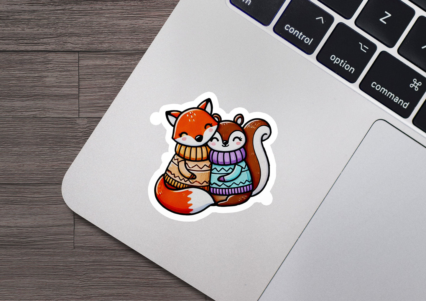 a laptop with a sticker of a squirrel holding a sweater