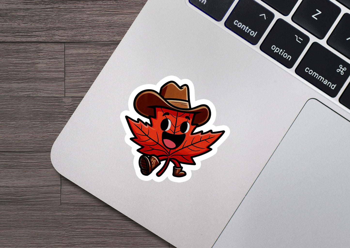 a laptop with a sticker of a maple leaf