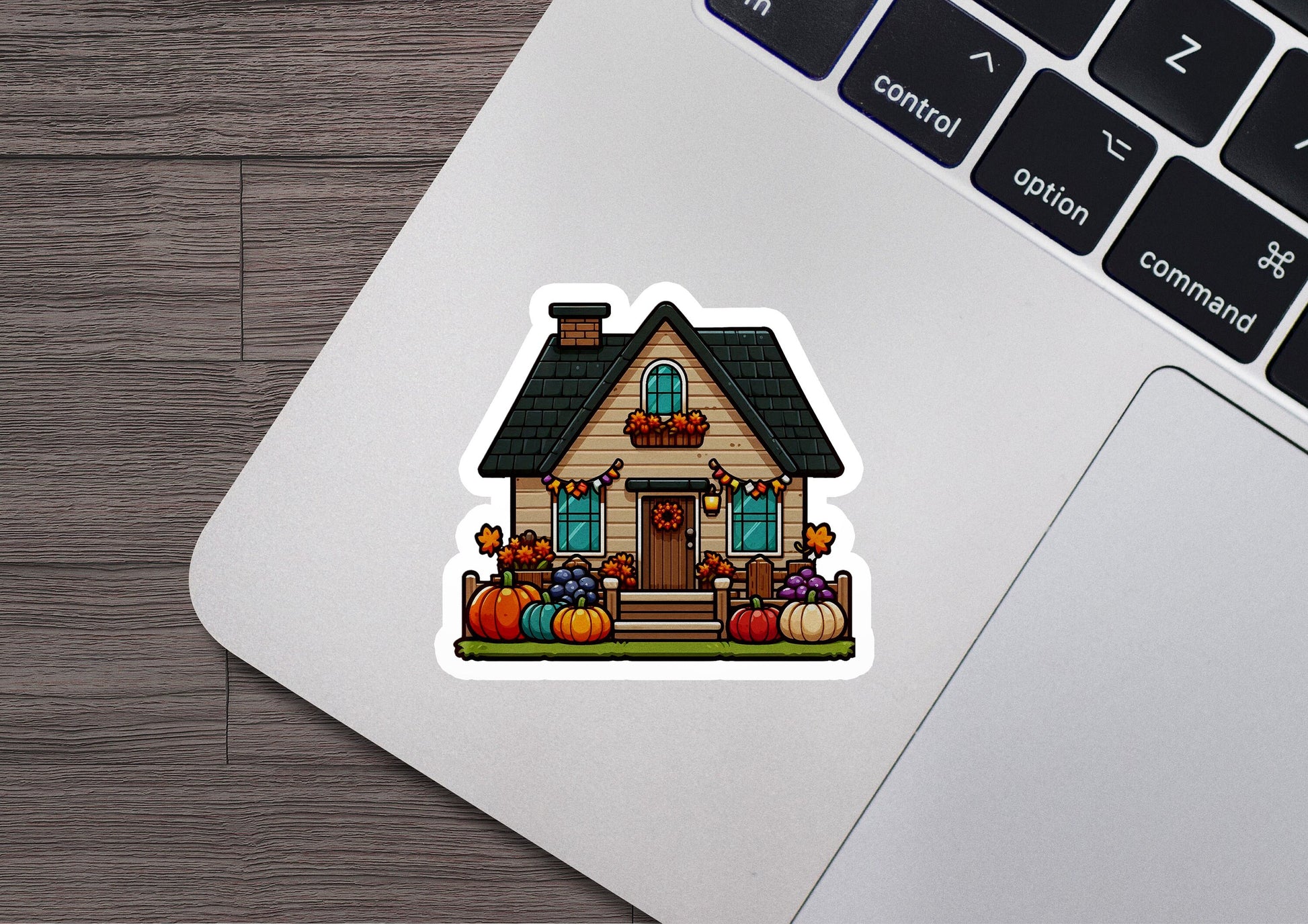 a laptop with a sticker of a house on it