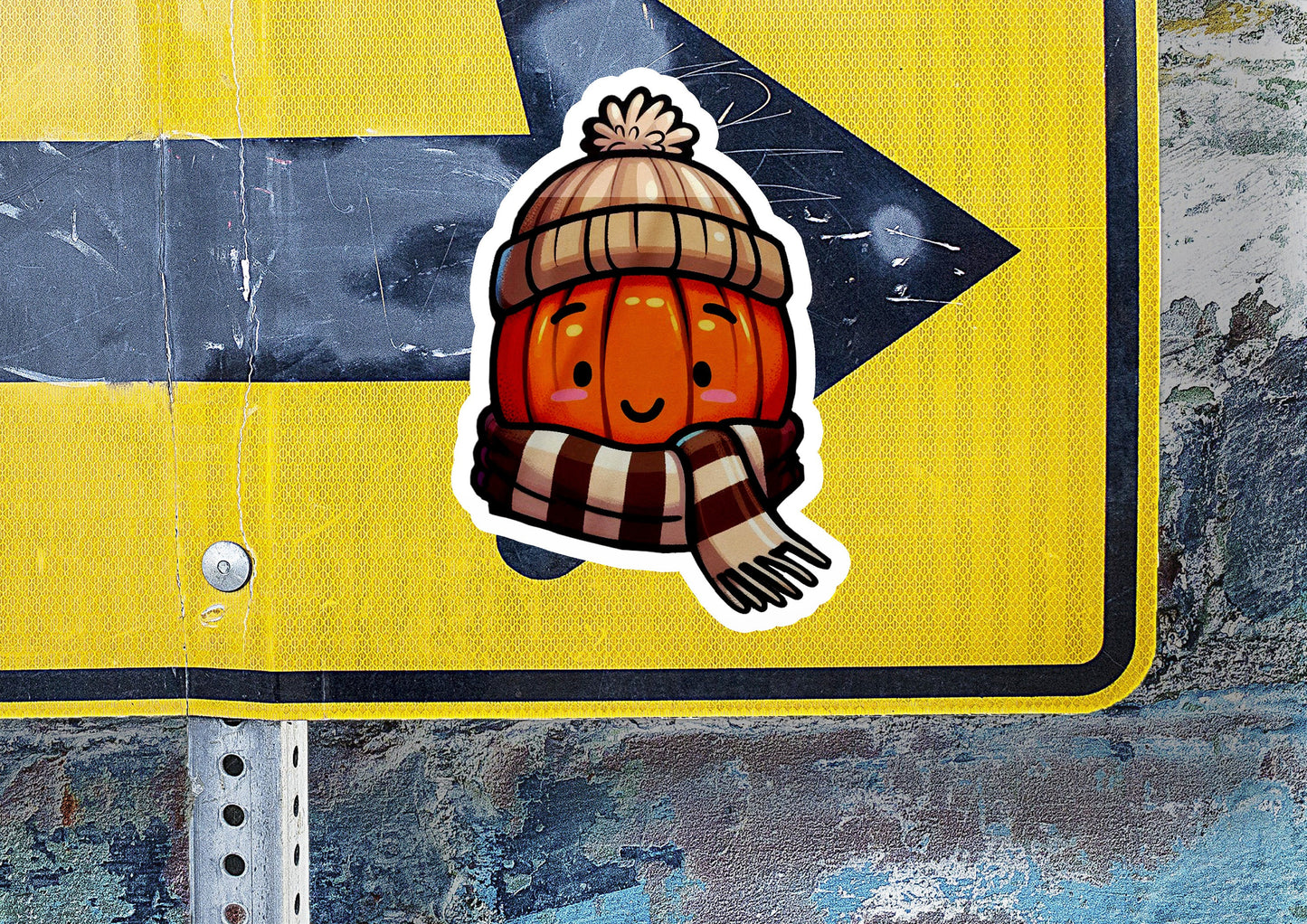 a sticker of a pumpkin wearing a hat and scarf