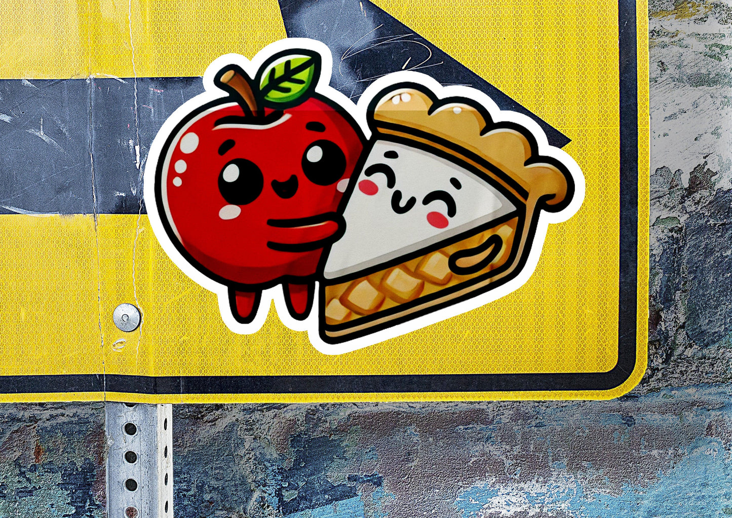 a sticker of an apple and a piece of pie