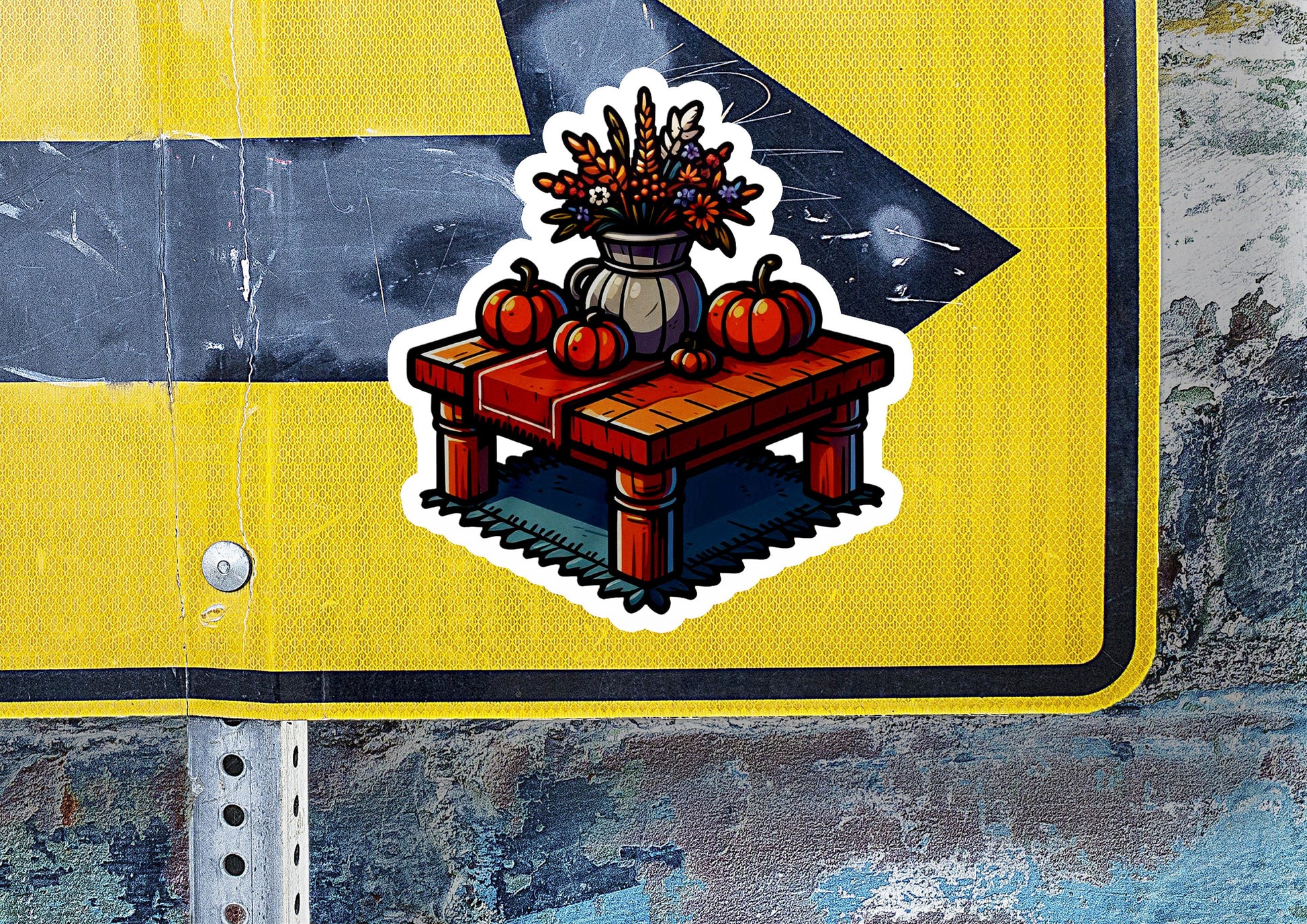 a sticker of a table with a vase of flowers on it