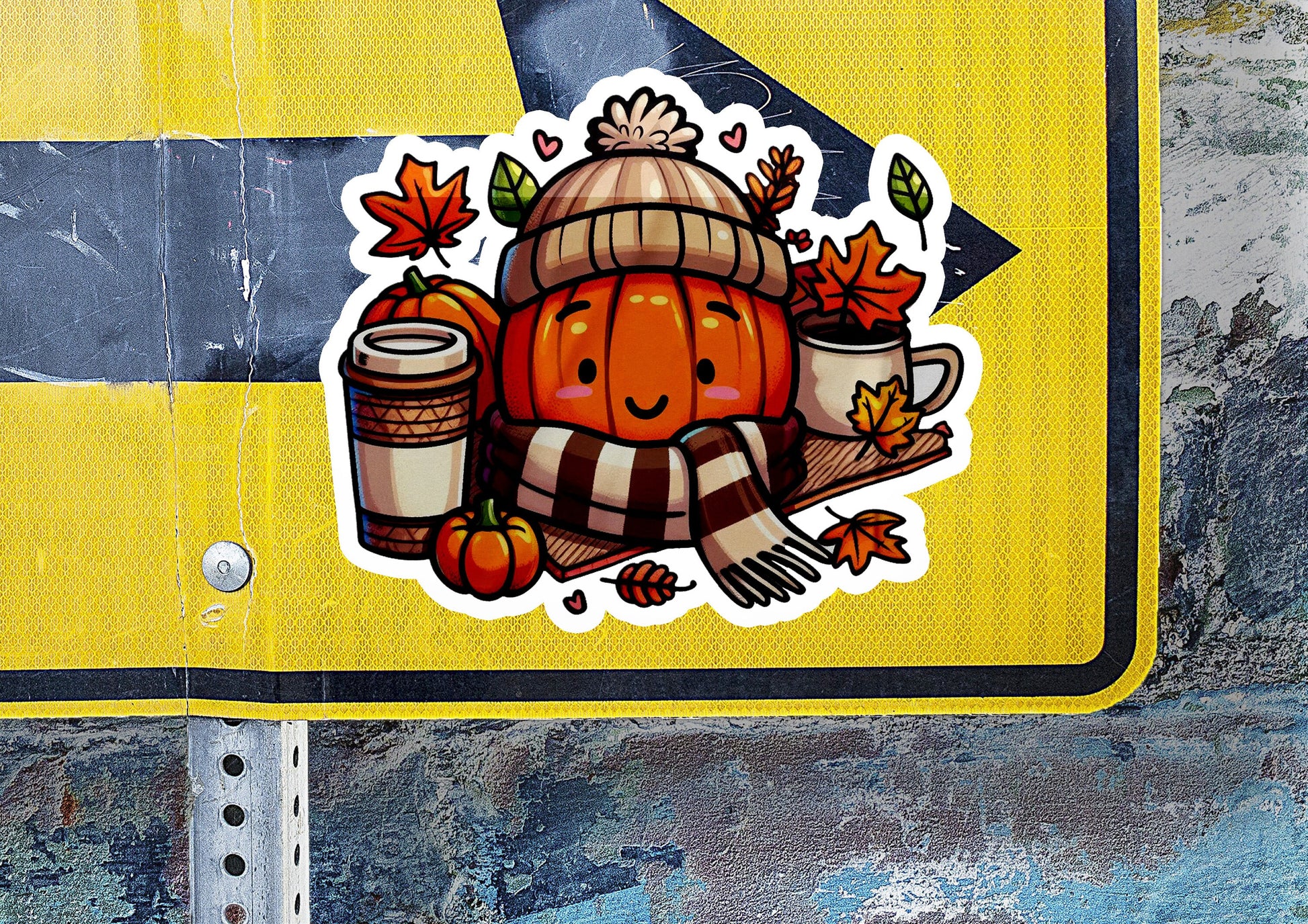 a street sign with a sticker of a pumpkin holding a cup of coffee