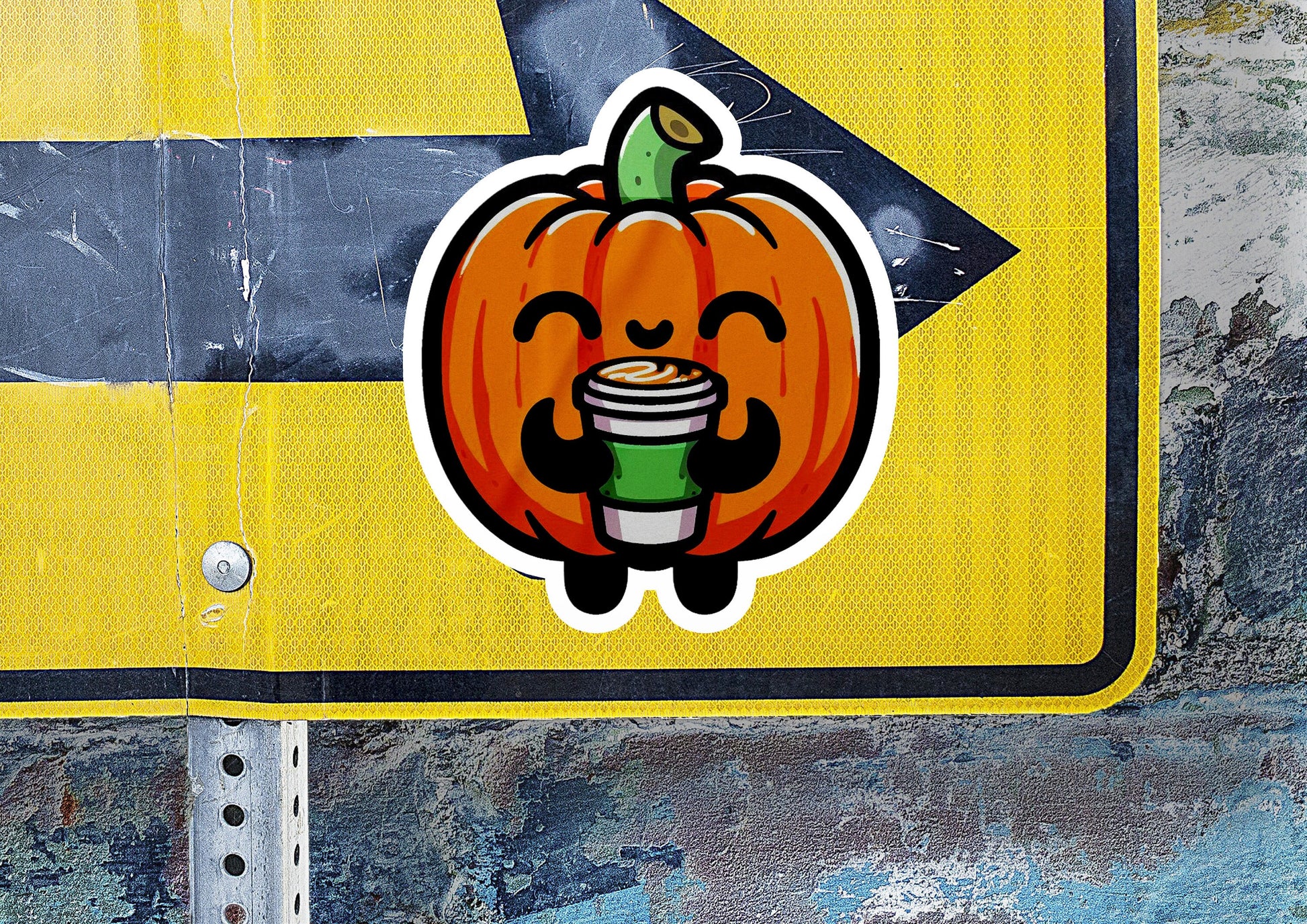 a street sign with a cartoon pumpkin holding a cup of coffee