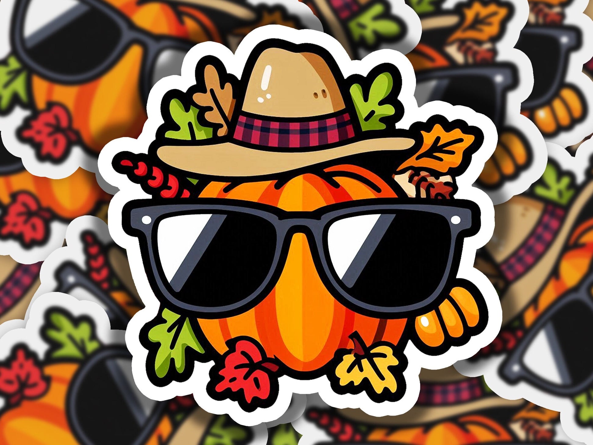 a sticker of a pumpkin wearing a hat and sunglasses