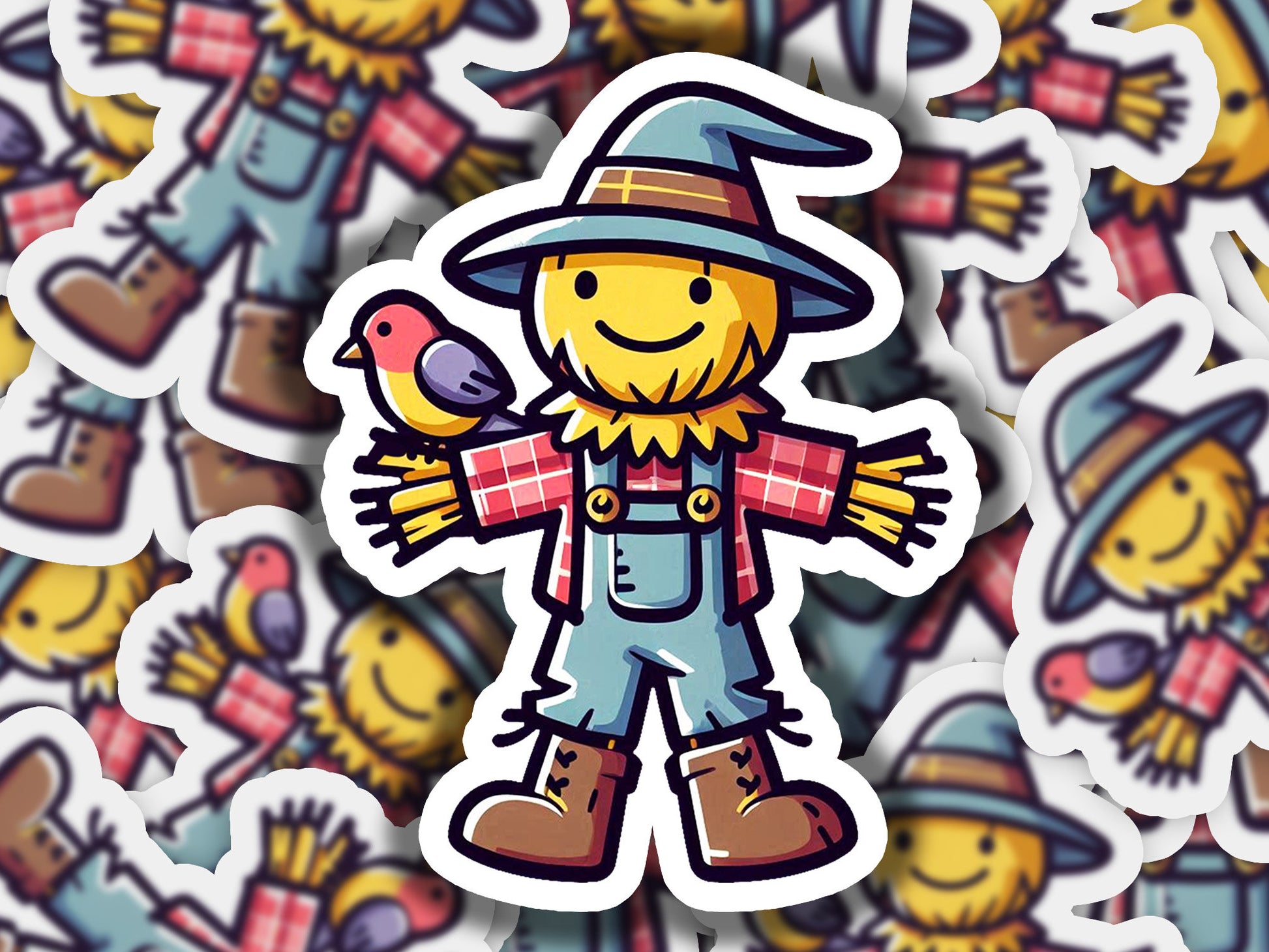 a sticker of a scarecrow holding a bird