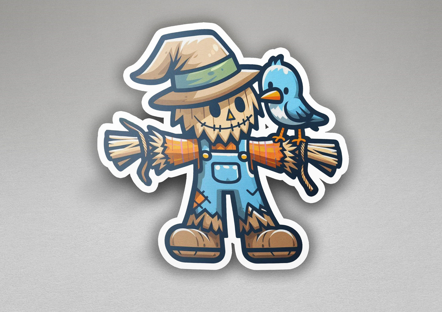 a sticker of a scarecrow holding a bird