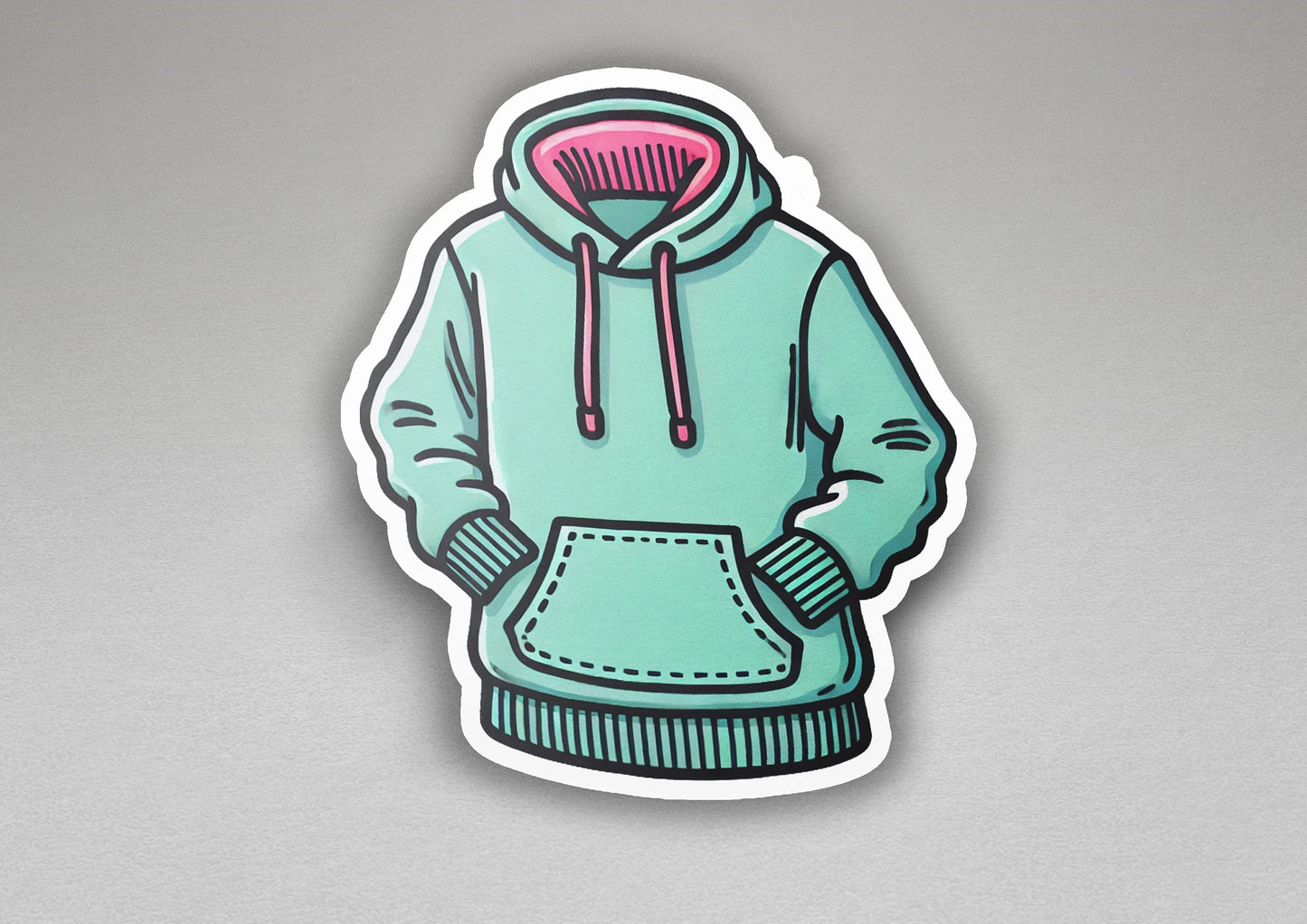 a sticker of a green hoodie with a pink hood