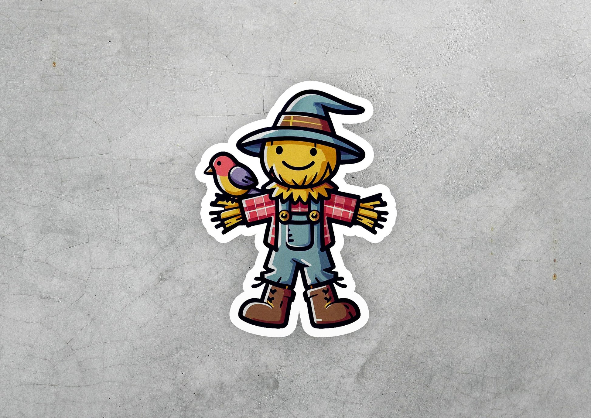 a sticker of a scarecrow holding a bird