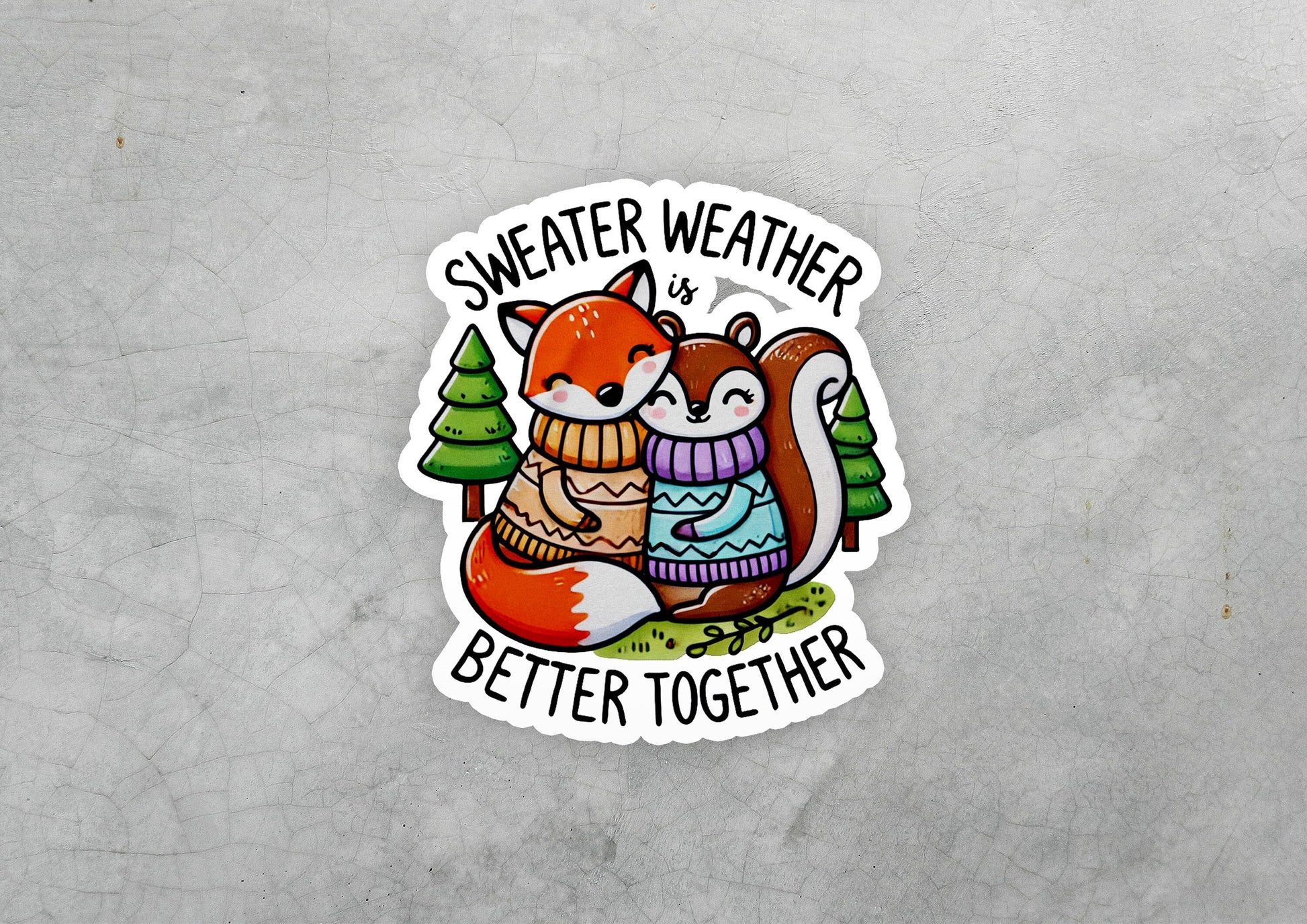 a sticker with a picture of a fox and a squirrel