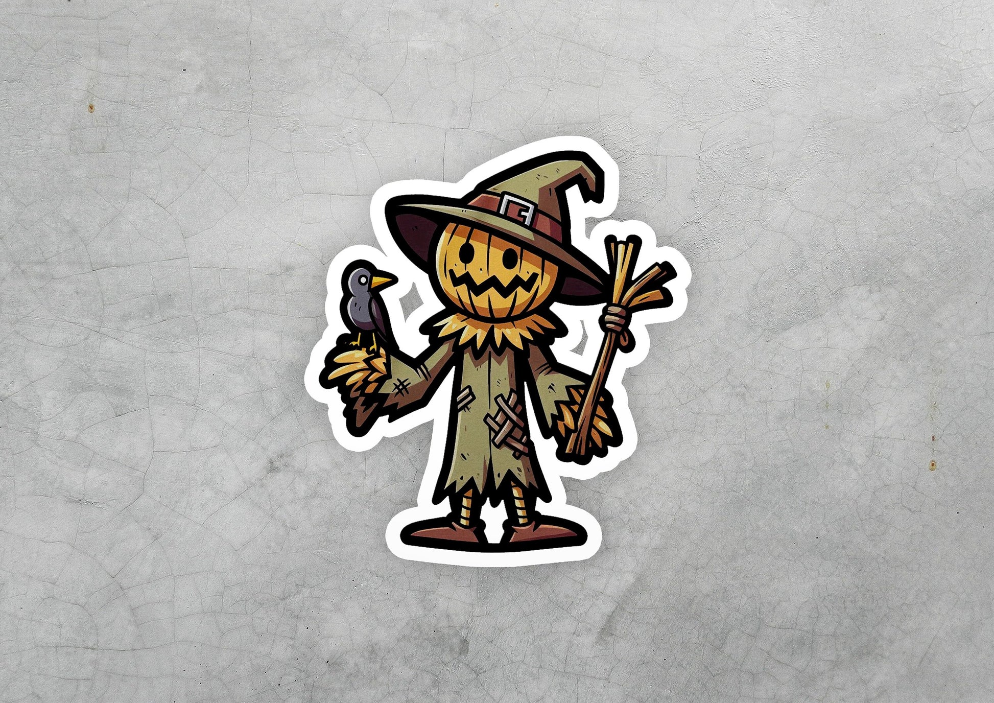 a sticker of a scarecrow wearing a hat and holding a broom