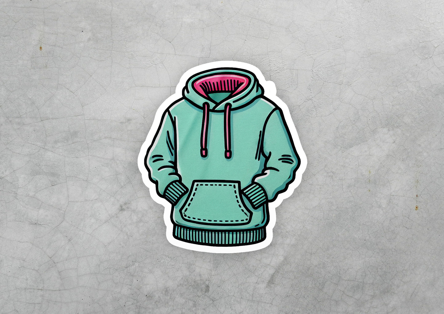 a sticker of a green hoodie with a pink hood