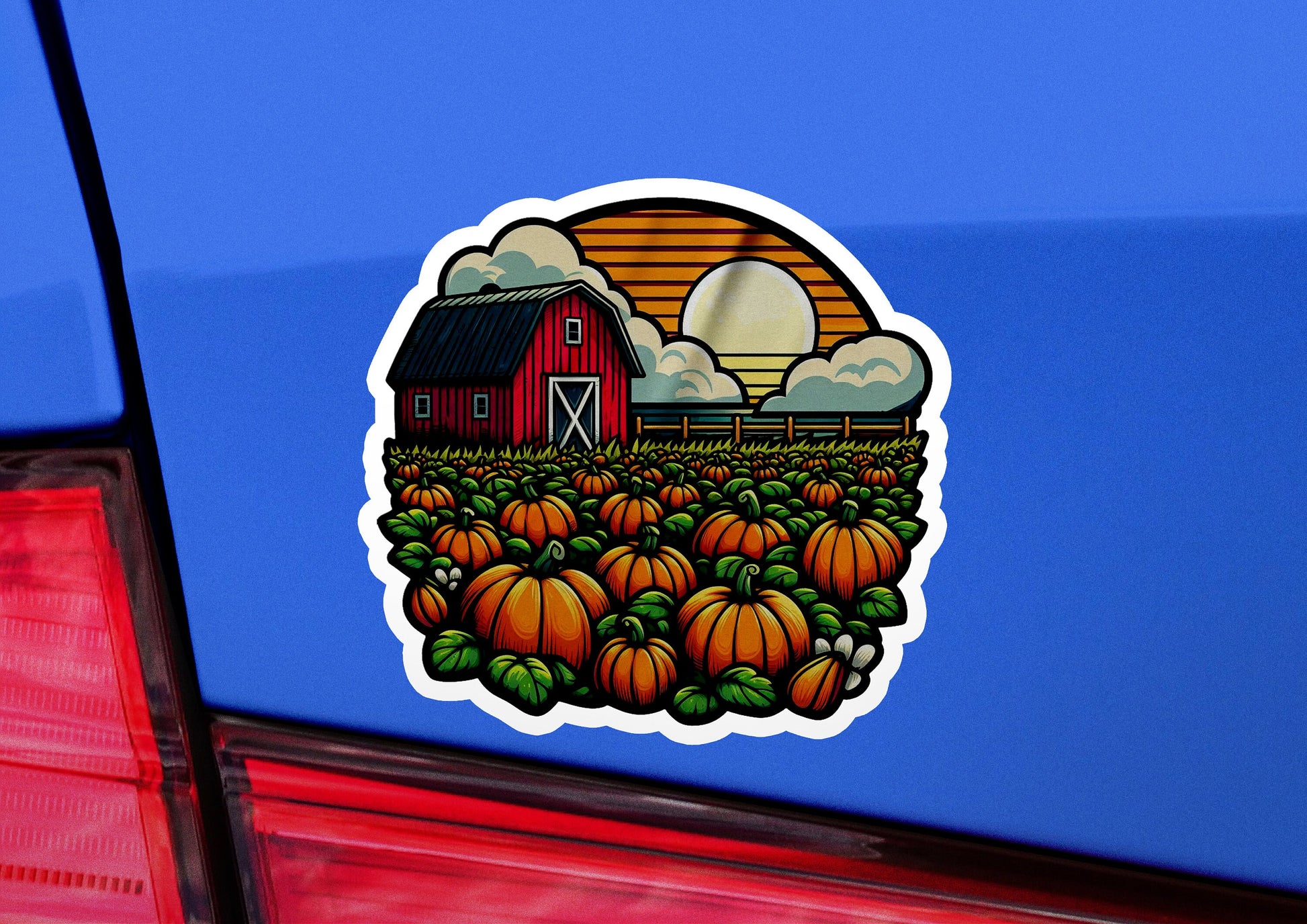 a sticker of a farm scene with pumpkins