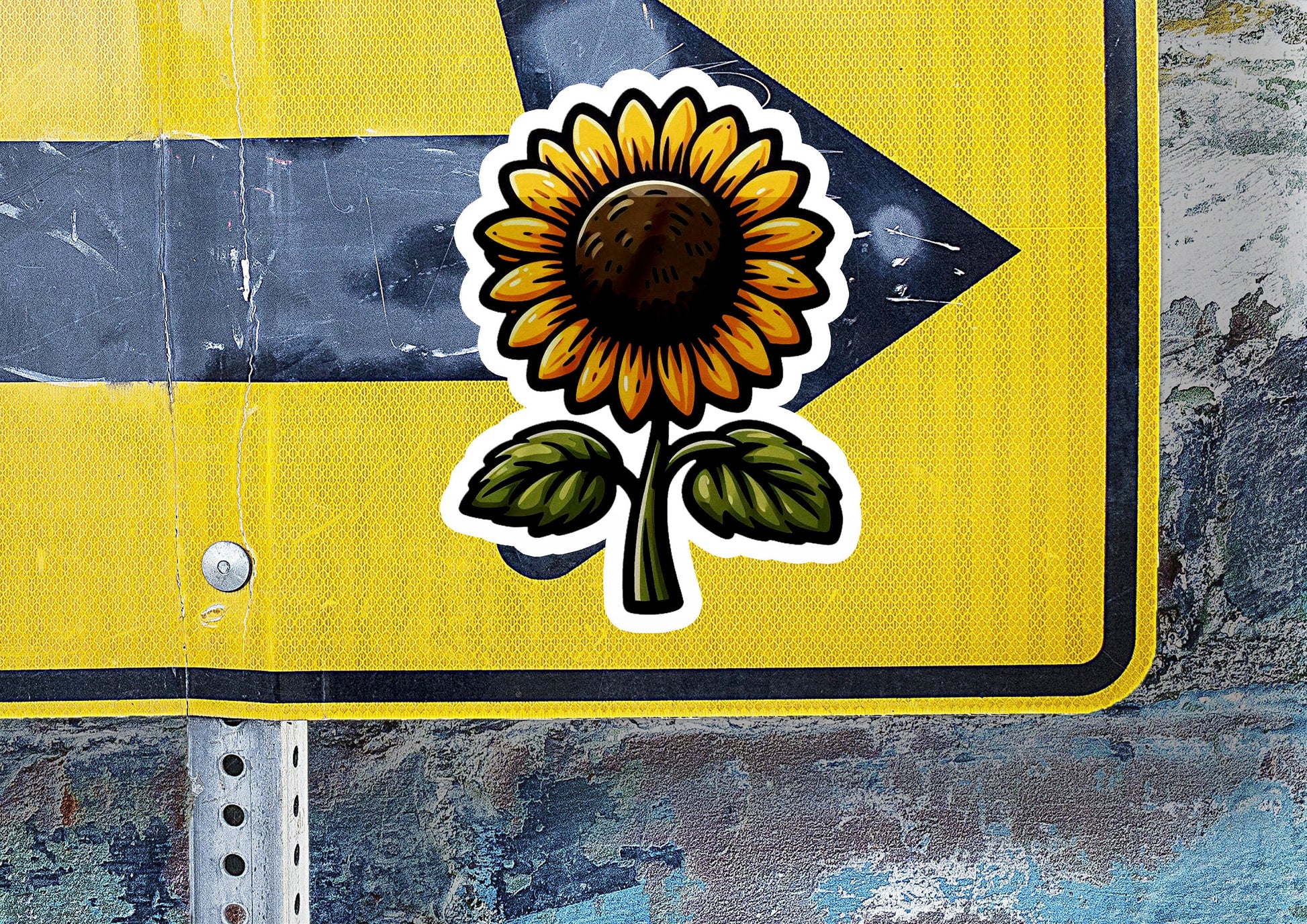 a yellow and black street sign with a sunflower on it