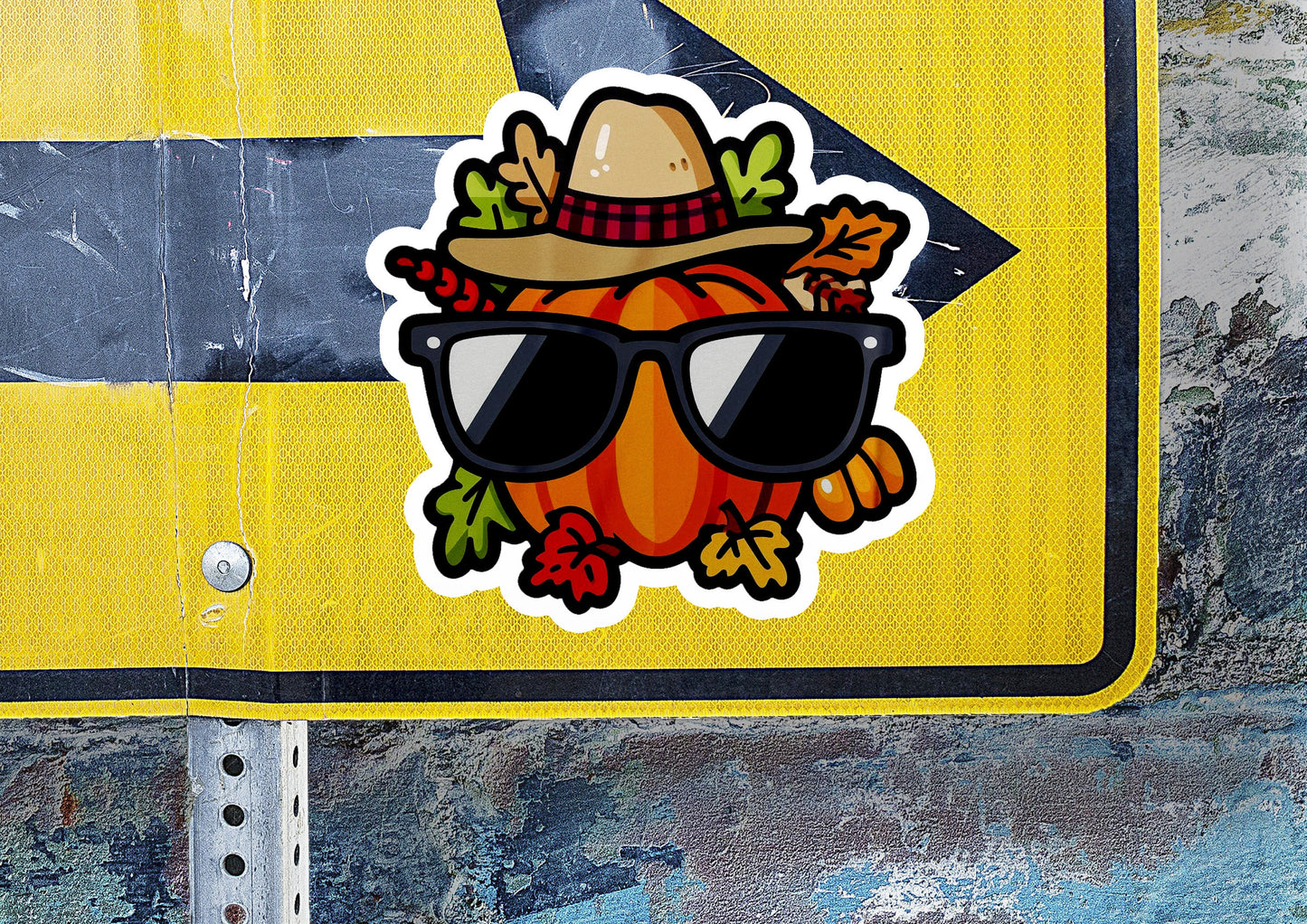 a street sign with a sticker of a hat and sunglasses on it