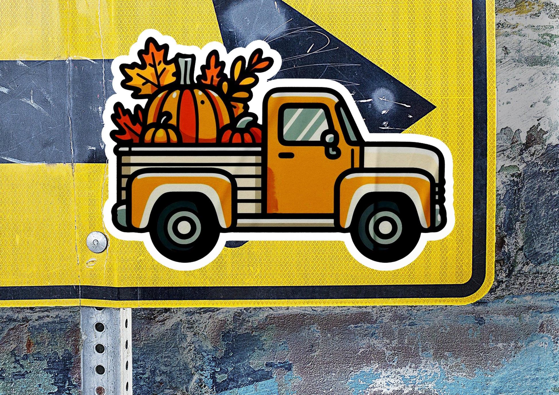 a sticker of a truck with a pumpkin in the back