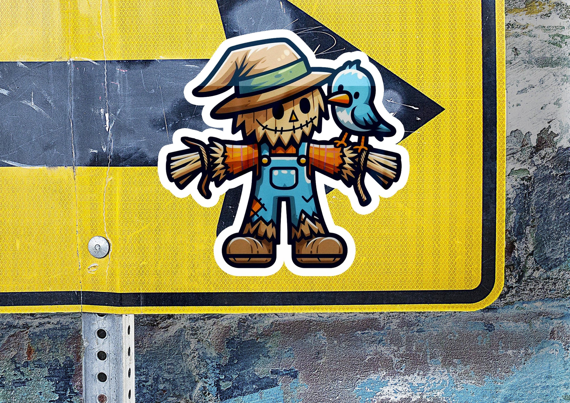 a sticker of a scarecrow holding a blue bird