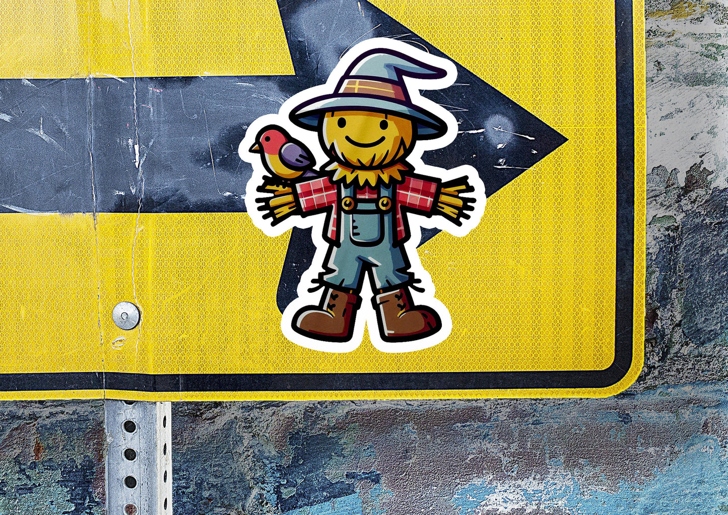 a street sign with a sticker of a scarecrow