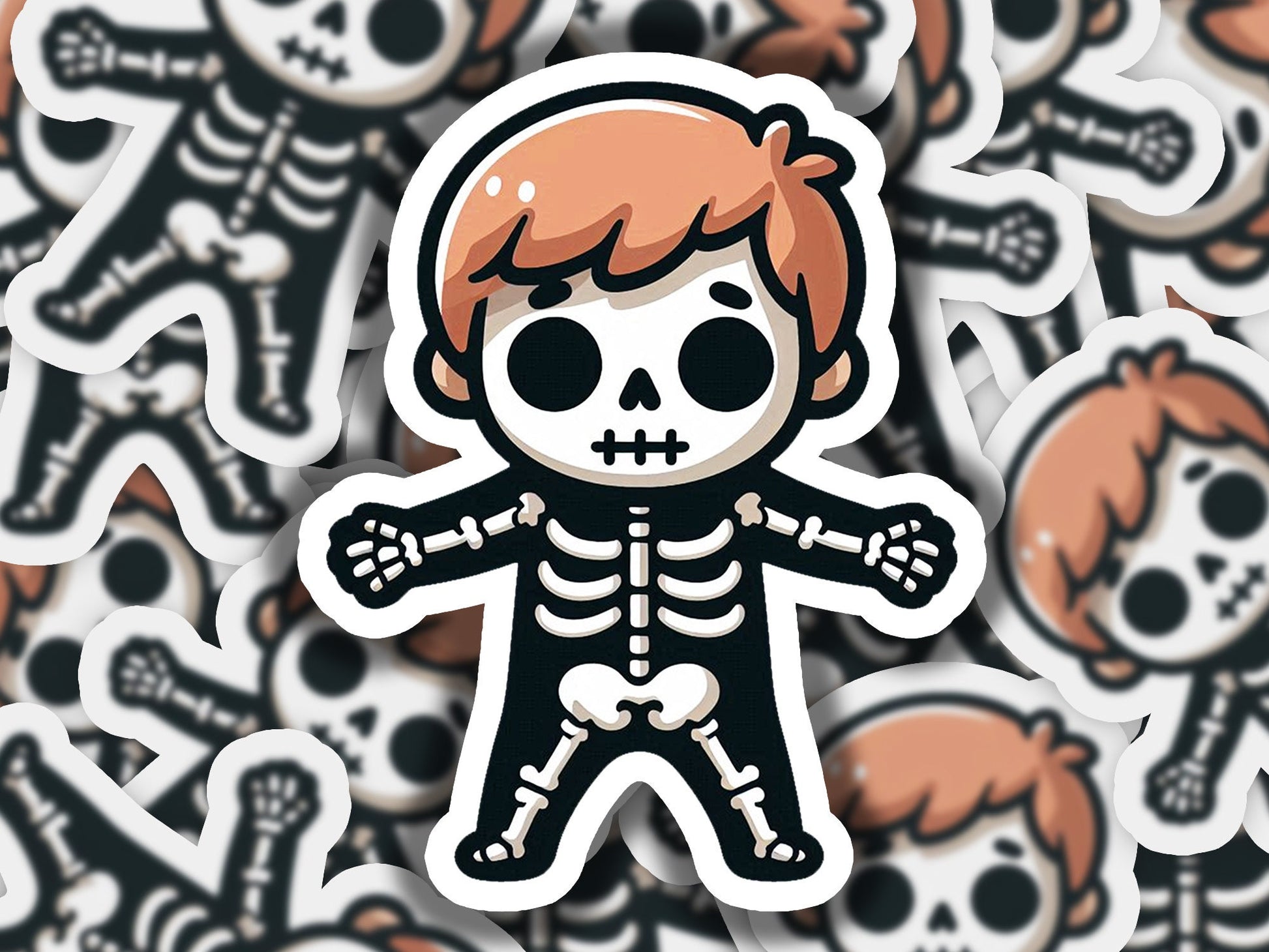 a sticker of a skeleton with a red hair