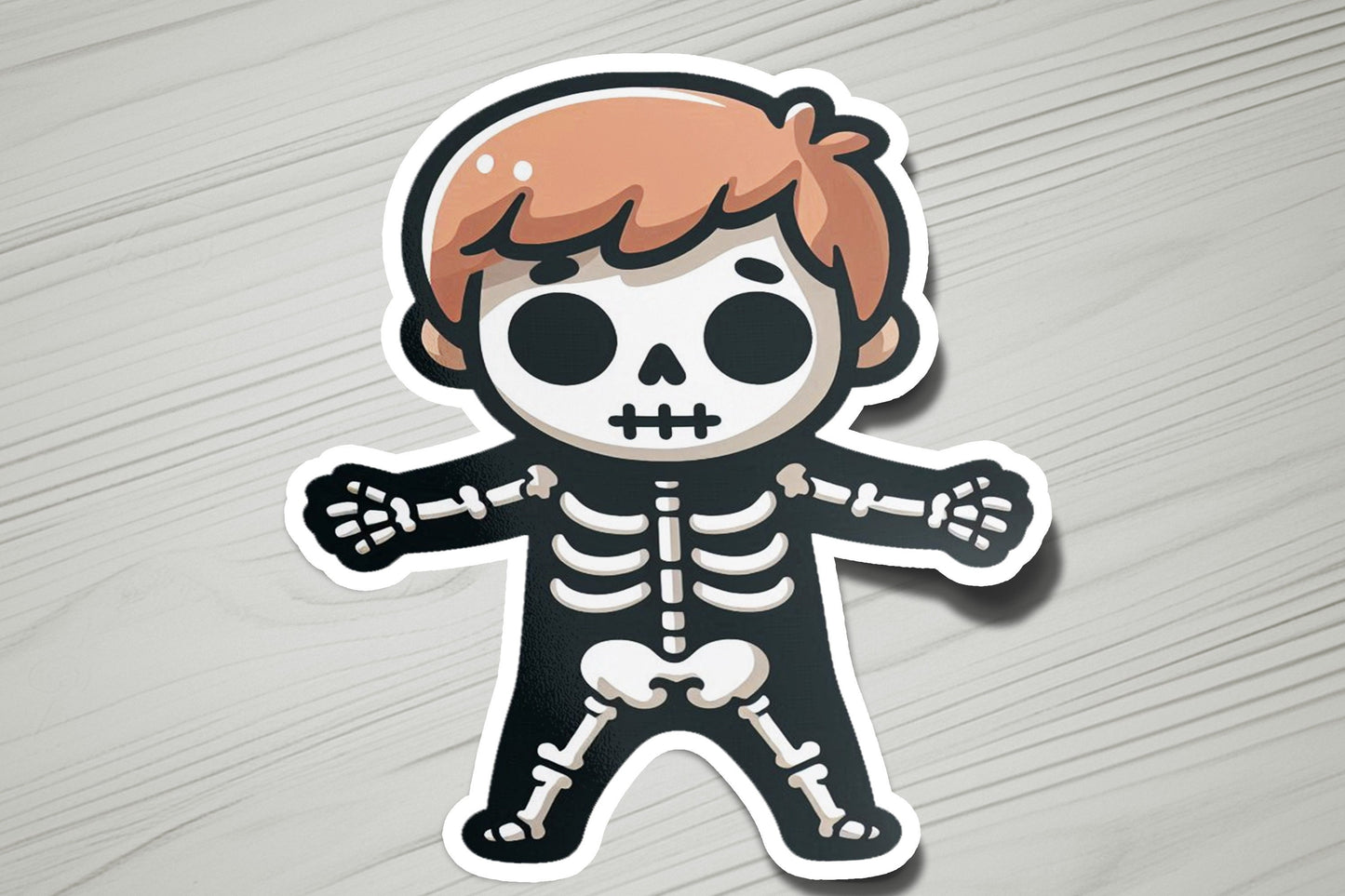 a sticker of a skeleton with a red hair