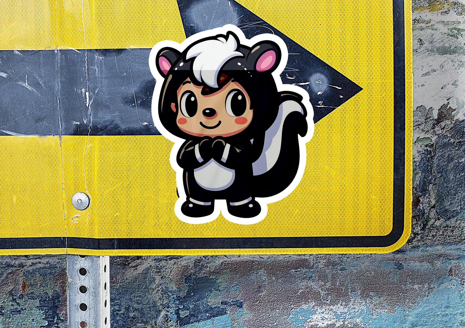 a sticker of a cartoon bear on a street sign