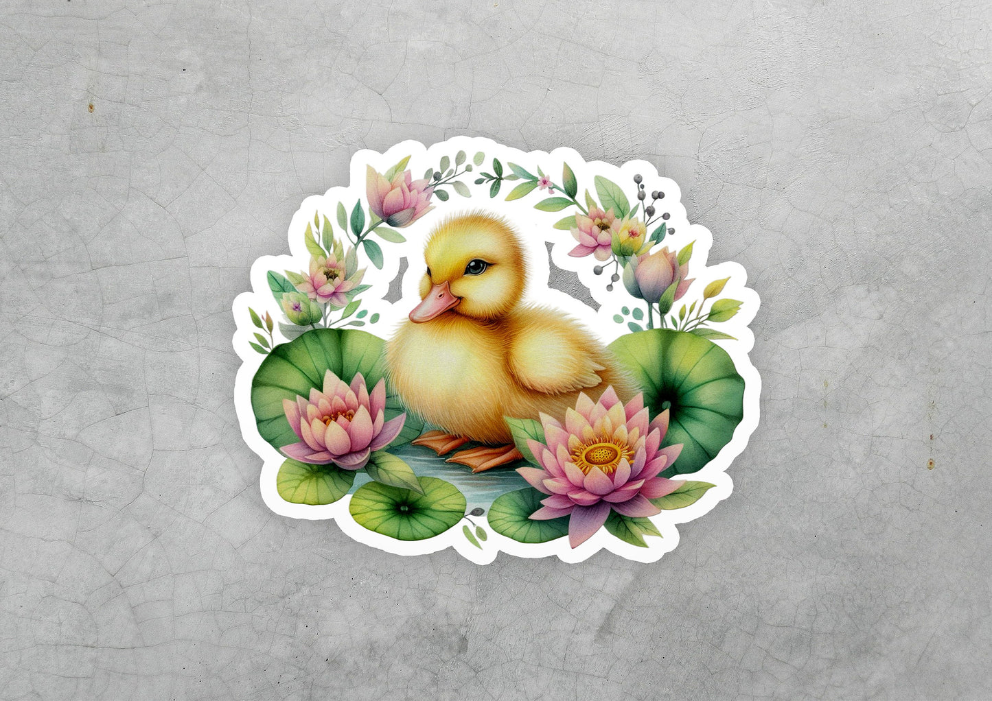 a sticker of a duckling sitting on a lily pad