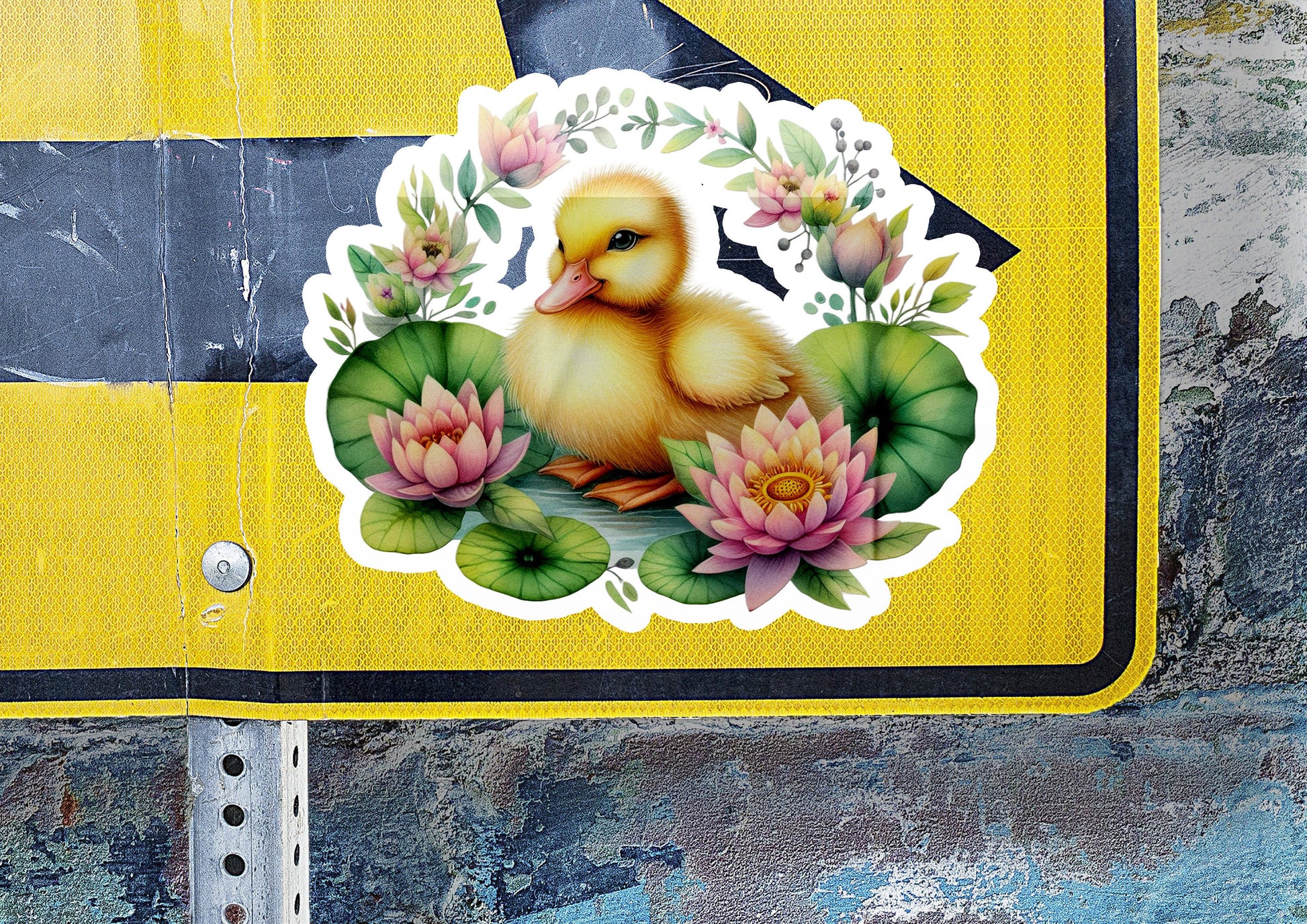 a sticker of a duck on a street sign