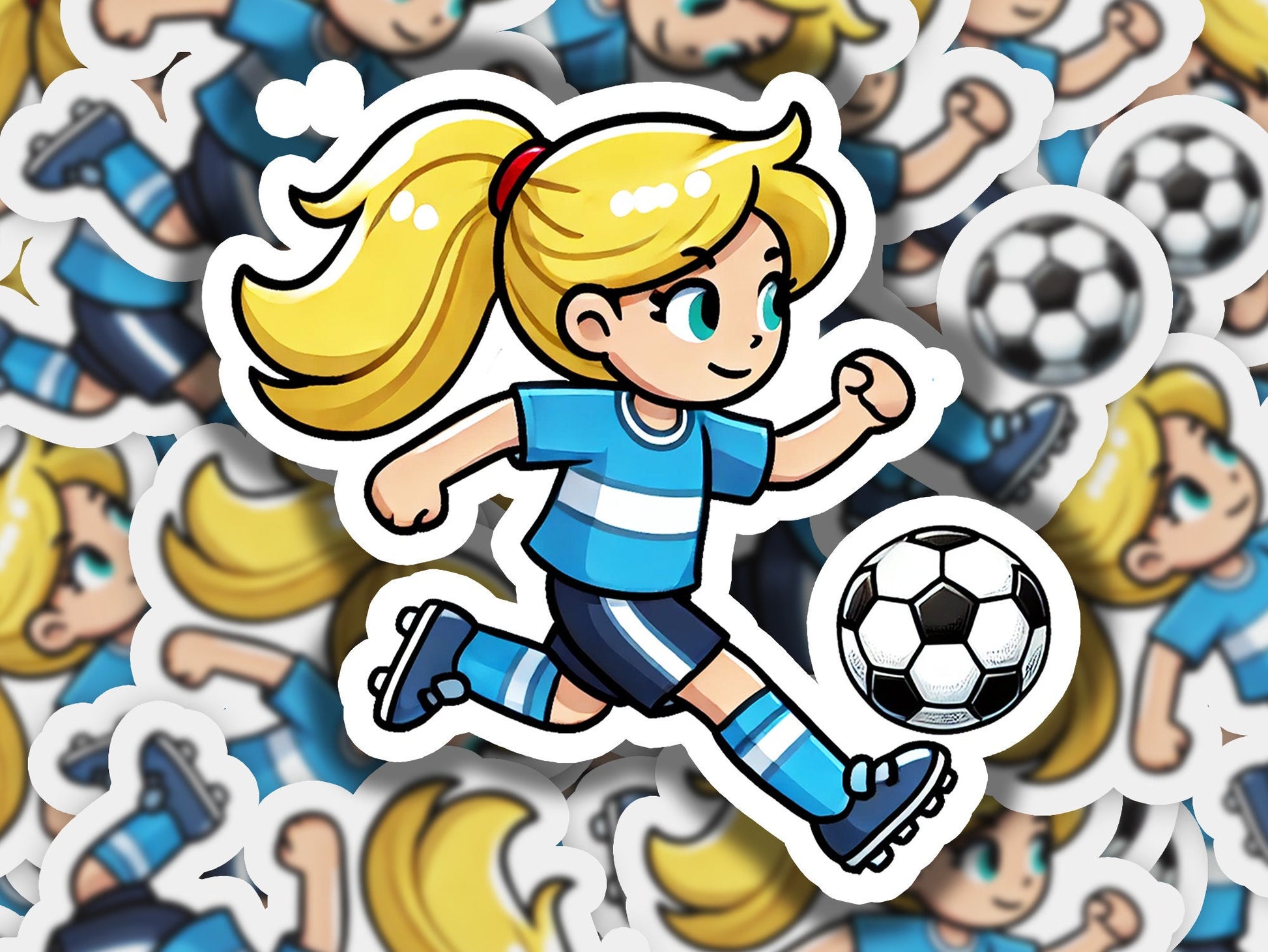 a sticker of a girl kicking a soccer ball