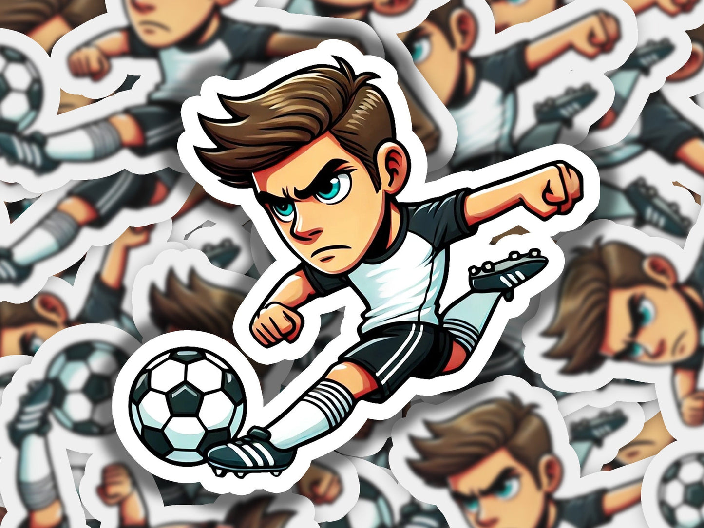 a sticker of a man kicking a soccer ball