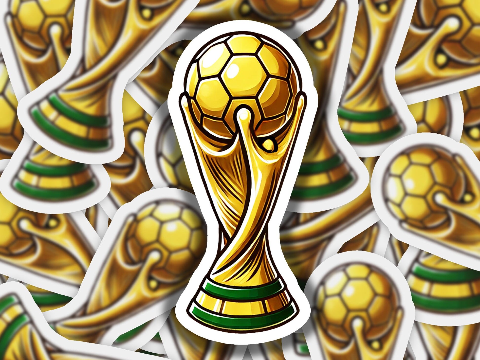 a sticker of a soccer ball and a trophy