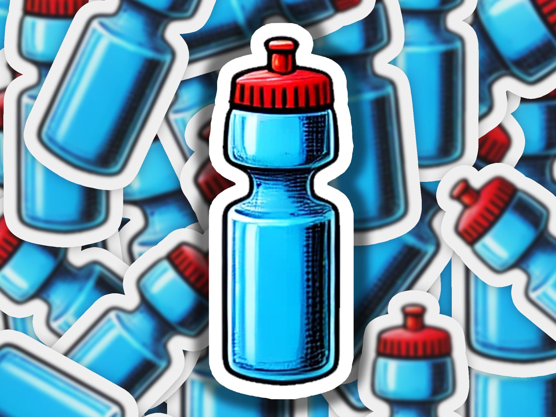 a sticker of a blue bottle with red caps