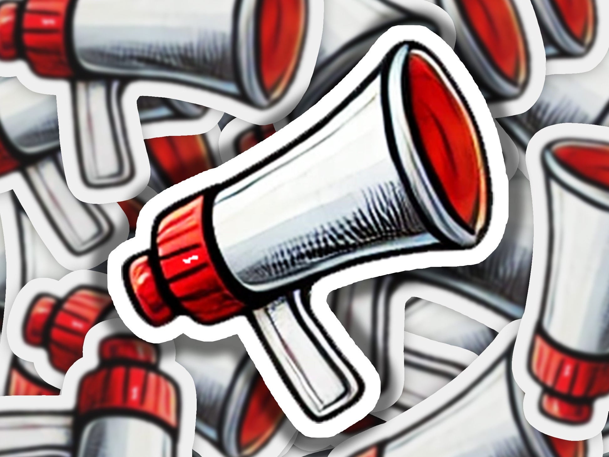 a red and white megaphone sticker on a white background