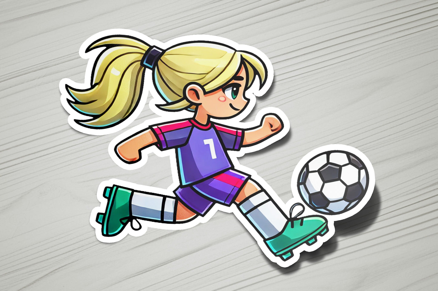 a sticker of a girl kicking a soccer ball