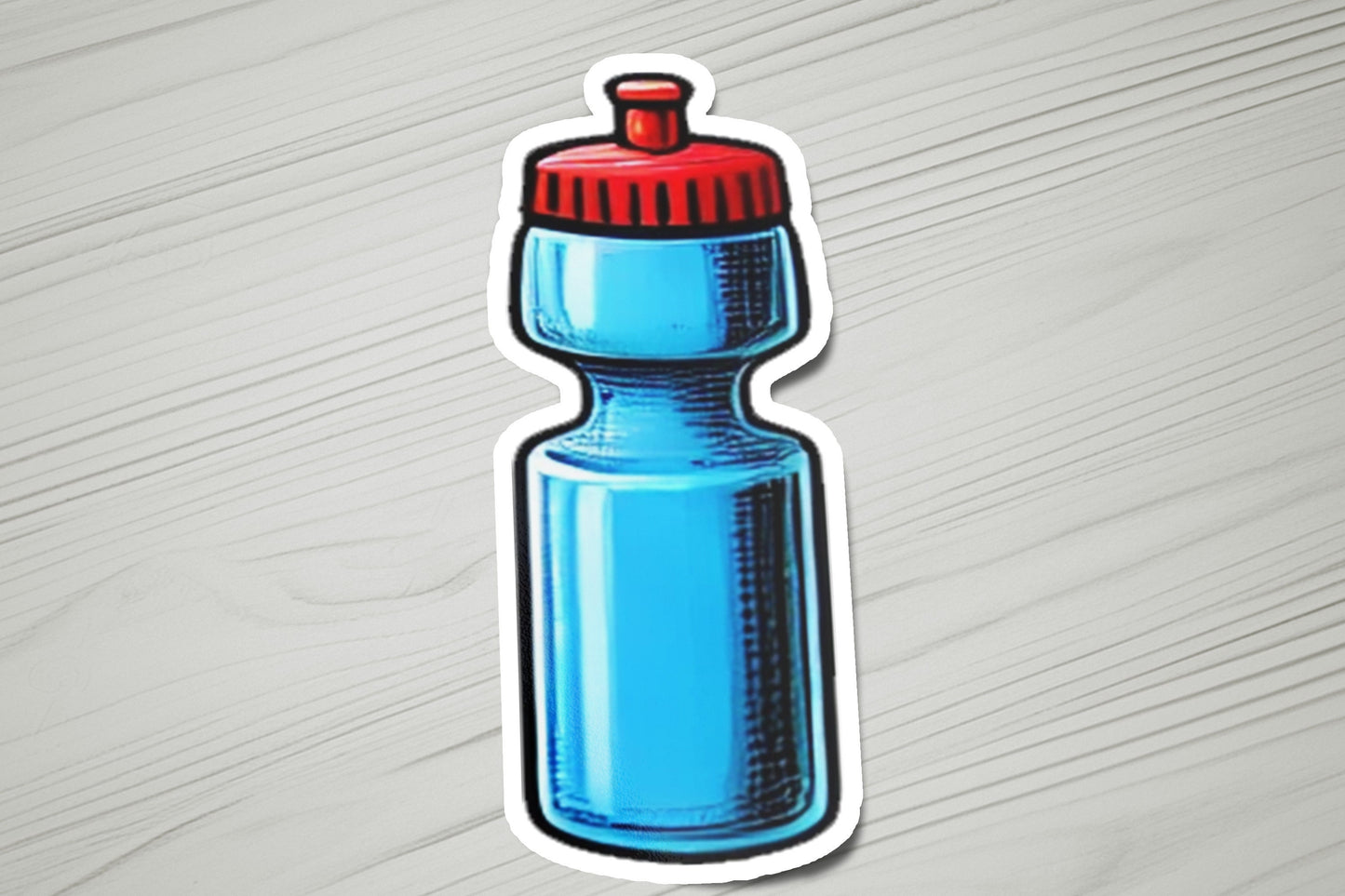 a blue water bottle sticker on a wooden surface