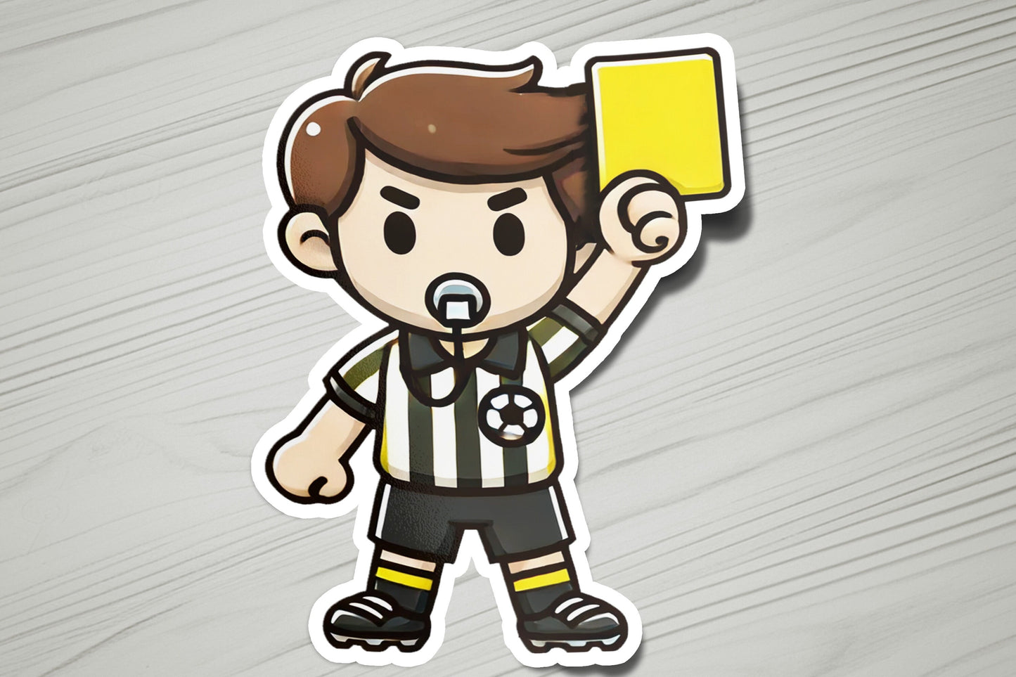 a sticker of a referee holding a yellow card