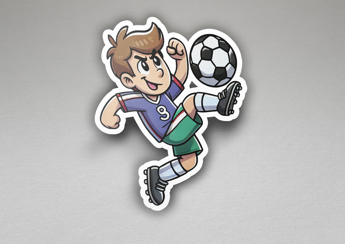 a sticker of a boy kicking a soccer ball