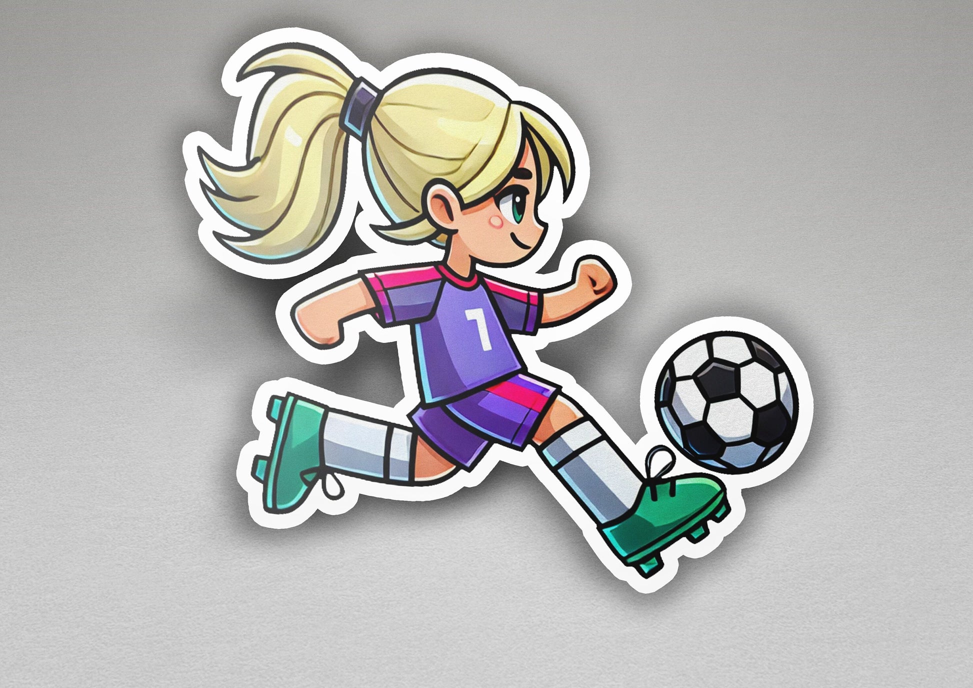 a sticker of a girl kicking a soccer ball