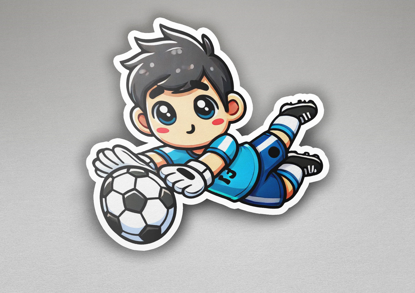 a sticker of a boy kicking a soccer ball