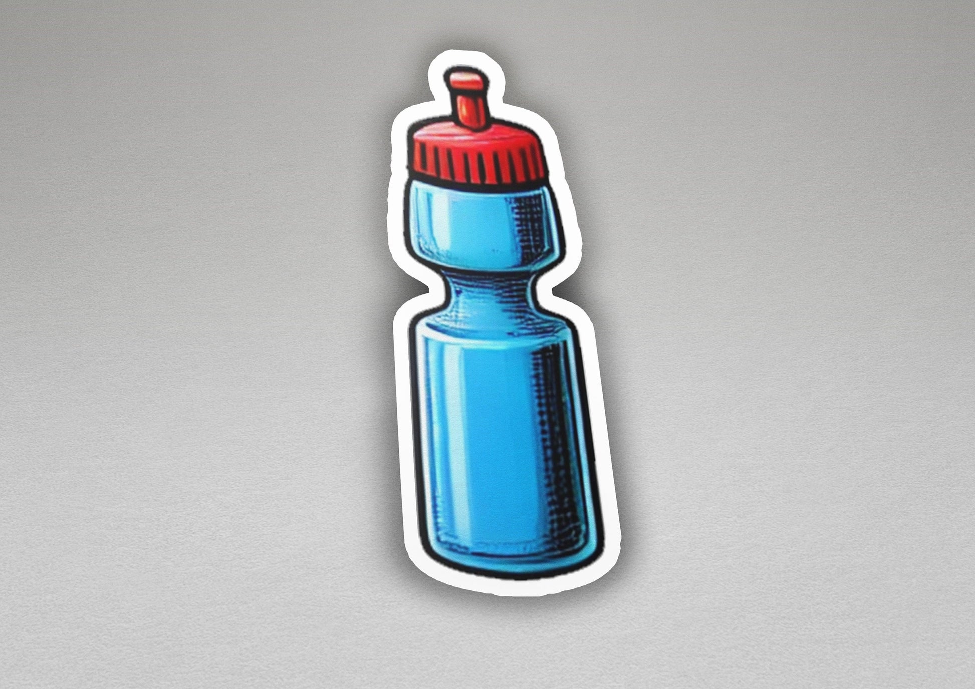 a sticker of a blue water bottle with a red cap