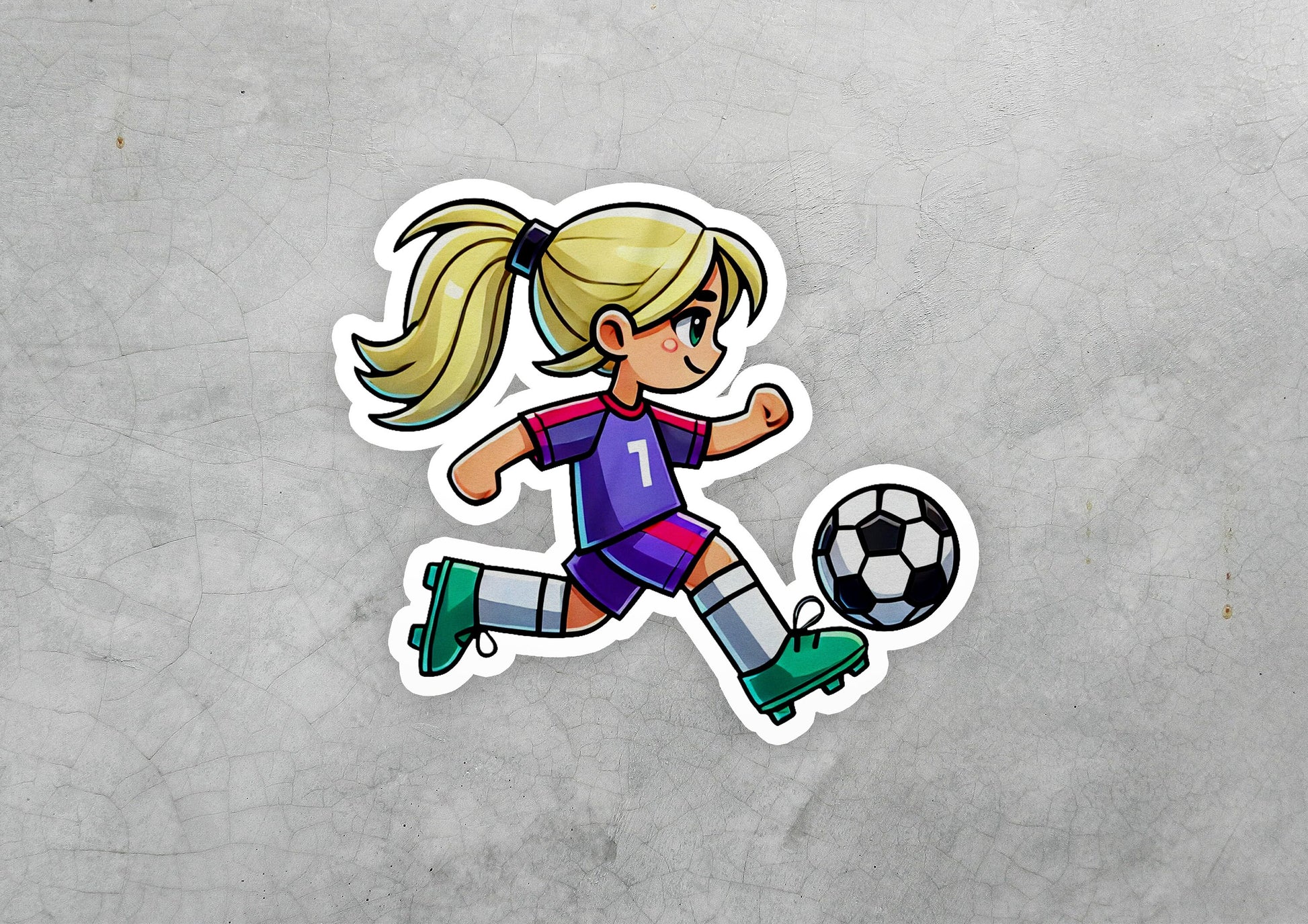 a sticker of a girl kicking a soccer ball