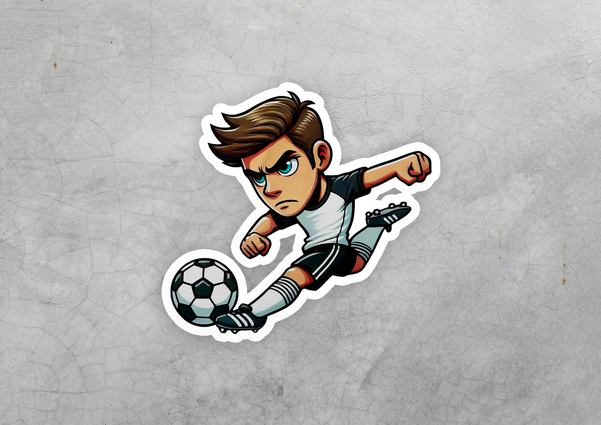 a sticker of a soccer player kicking a soccer ball